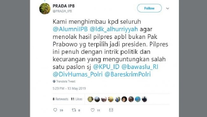 Akun Prada IPB Berkicau Ajak Alumni Tolak Hasil Pilpres Jika Prabowo Kalah